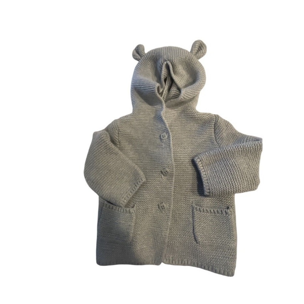 Baby Gap Grey Button Up Bear Hood Cardigan Knit Sweater size 3-6M - Picture 1 of 6